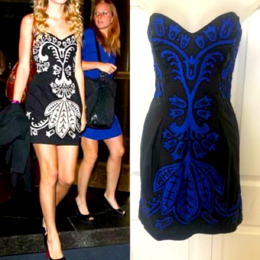 French Connection Strapless Black Blue Bead Dress